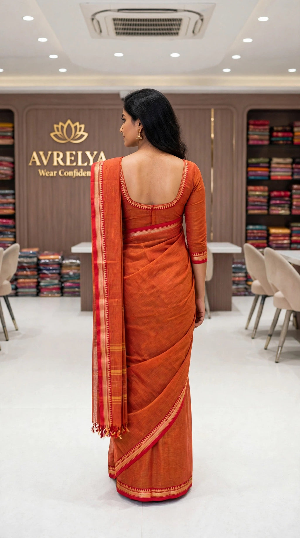 Orange Mercerized Cotton Saree With Temple Border