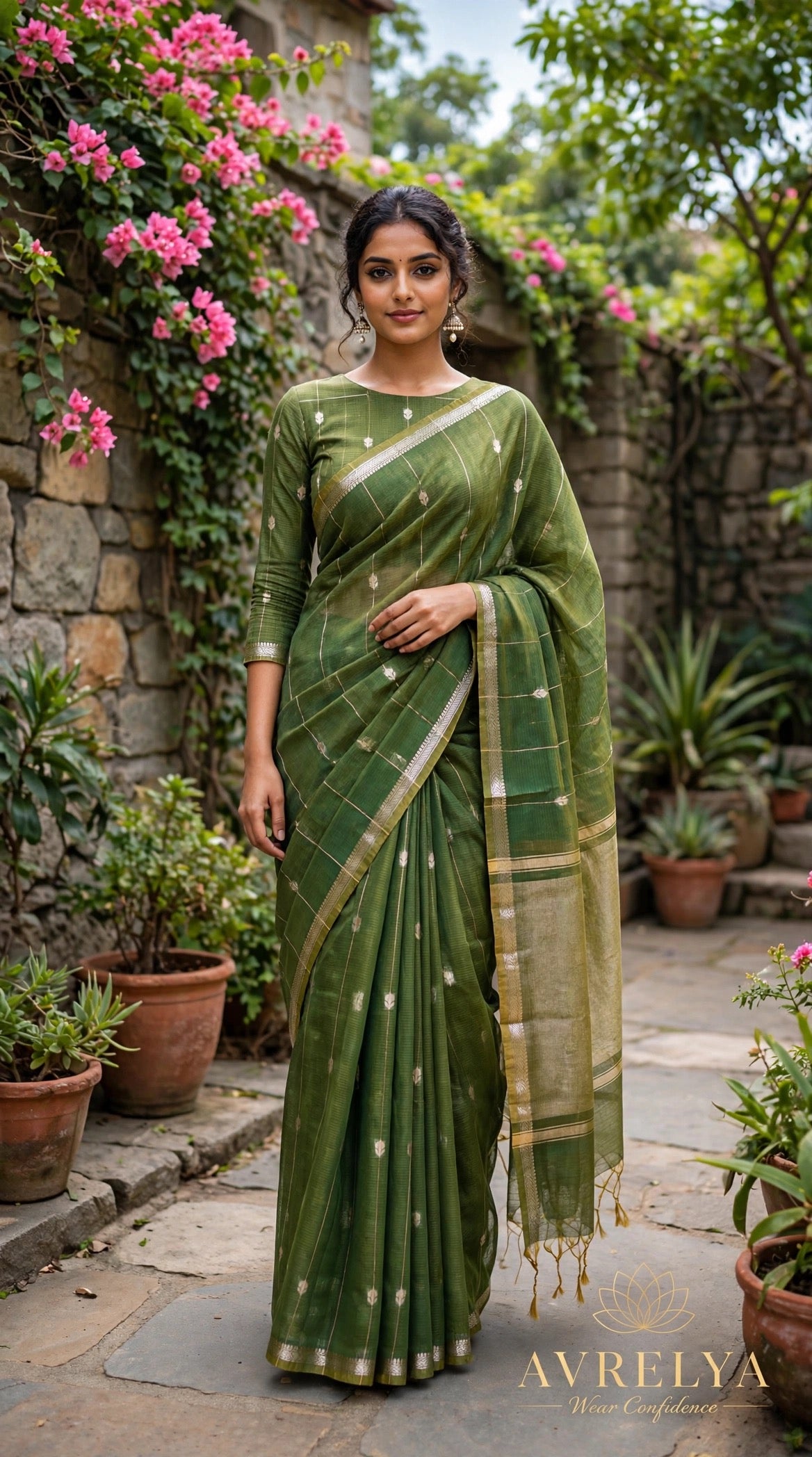 Green Maheshwari Lotus Butta Saree With Zari Border