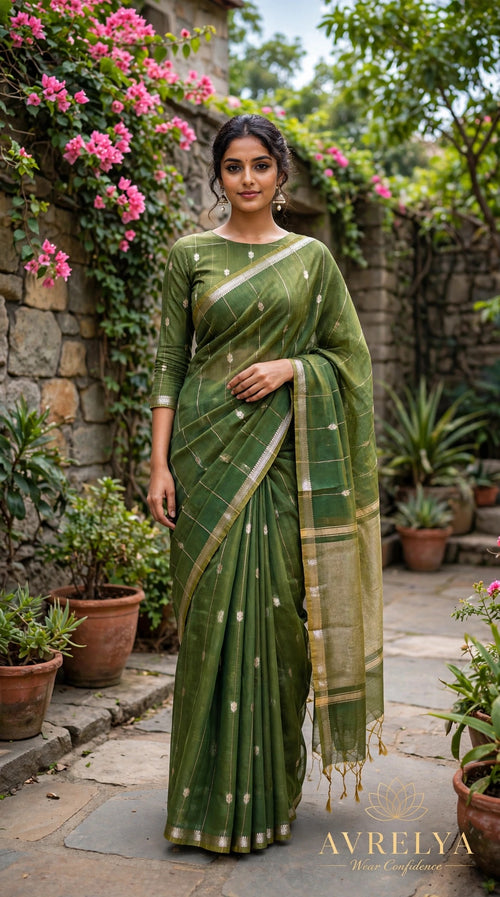 Green Maheshwari Lotus Butta Saree With Zari Border