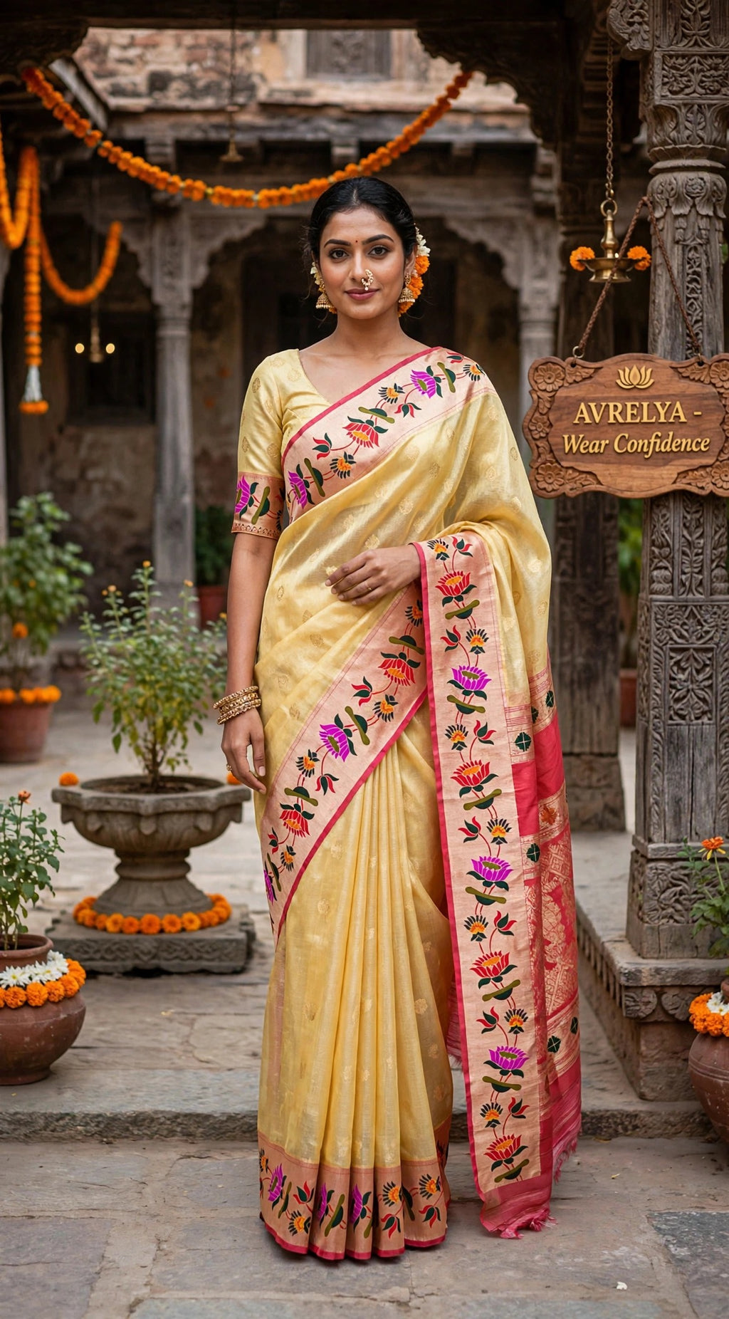 Yellow Tissue Paithani Saree with Floral Motif Border