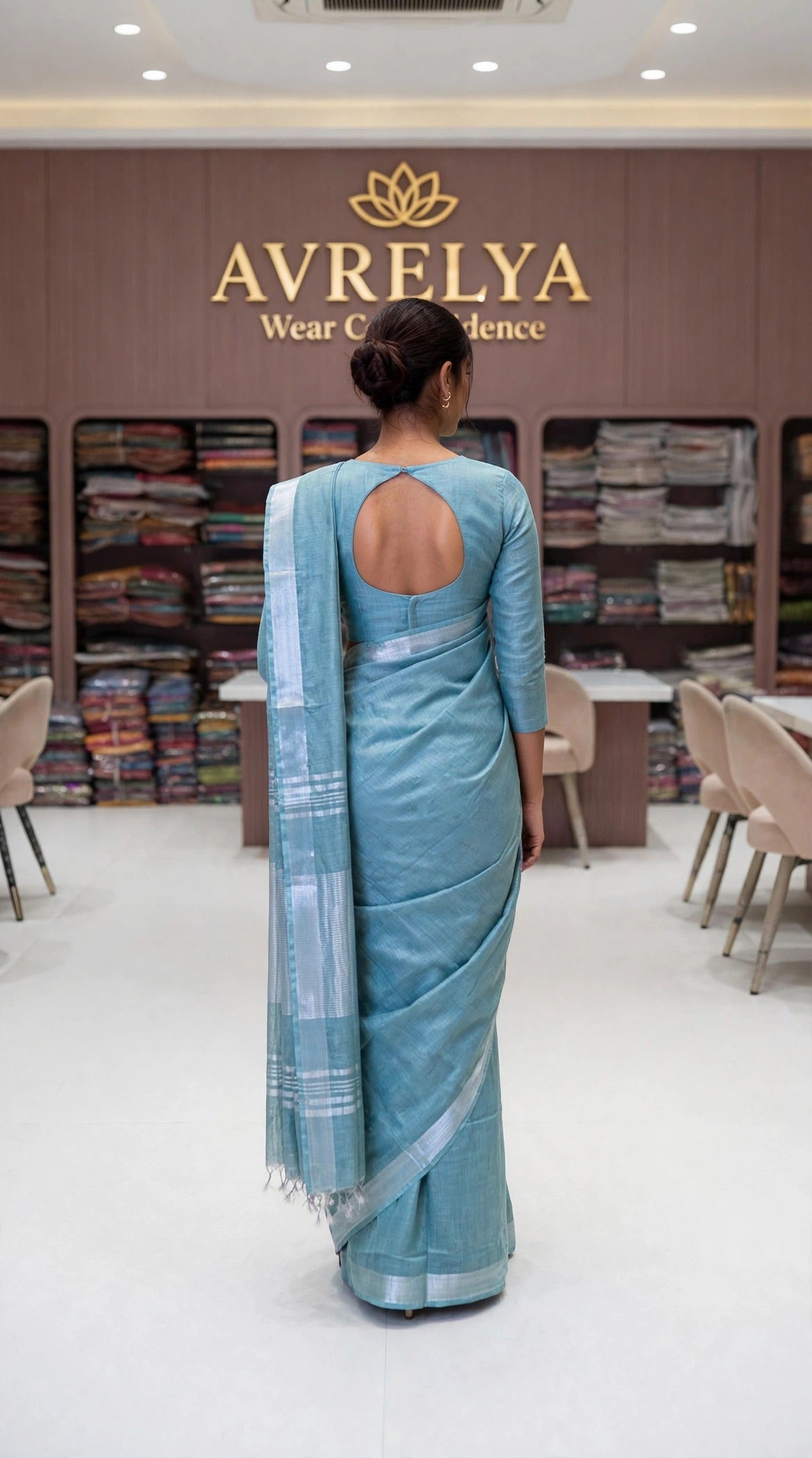 Sea Green Handloom Cotton Slub Saree With Silver Zari Border