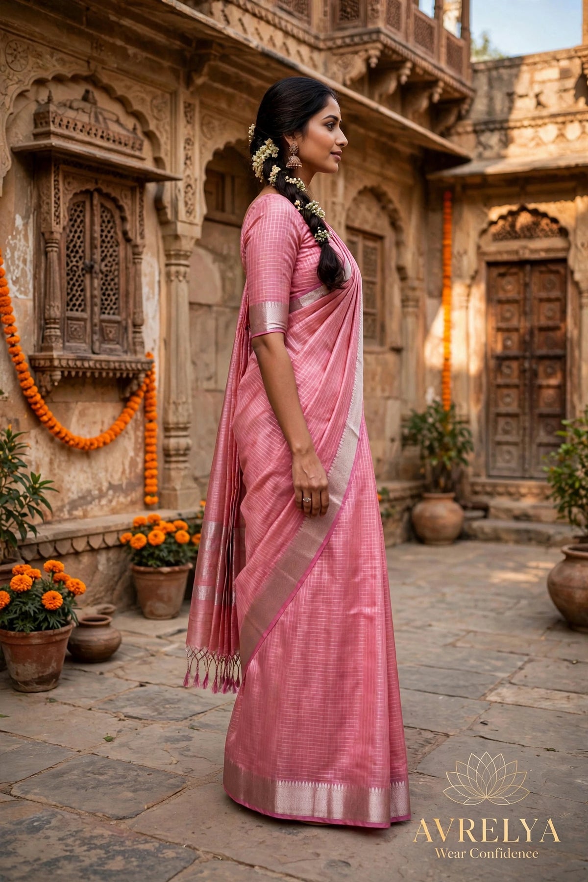 Pink Maheshwari Chanderi Saree With Zari Border