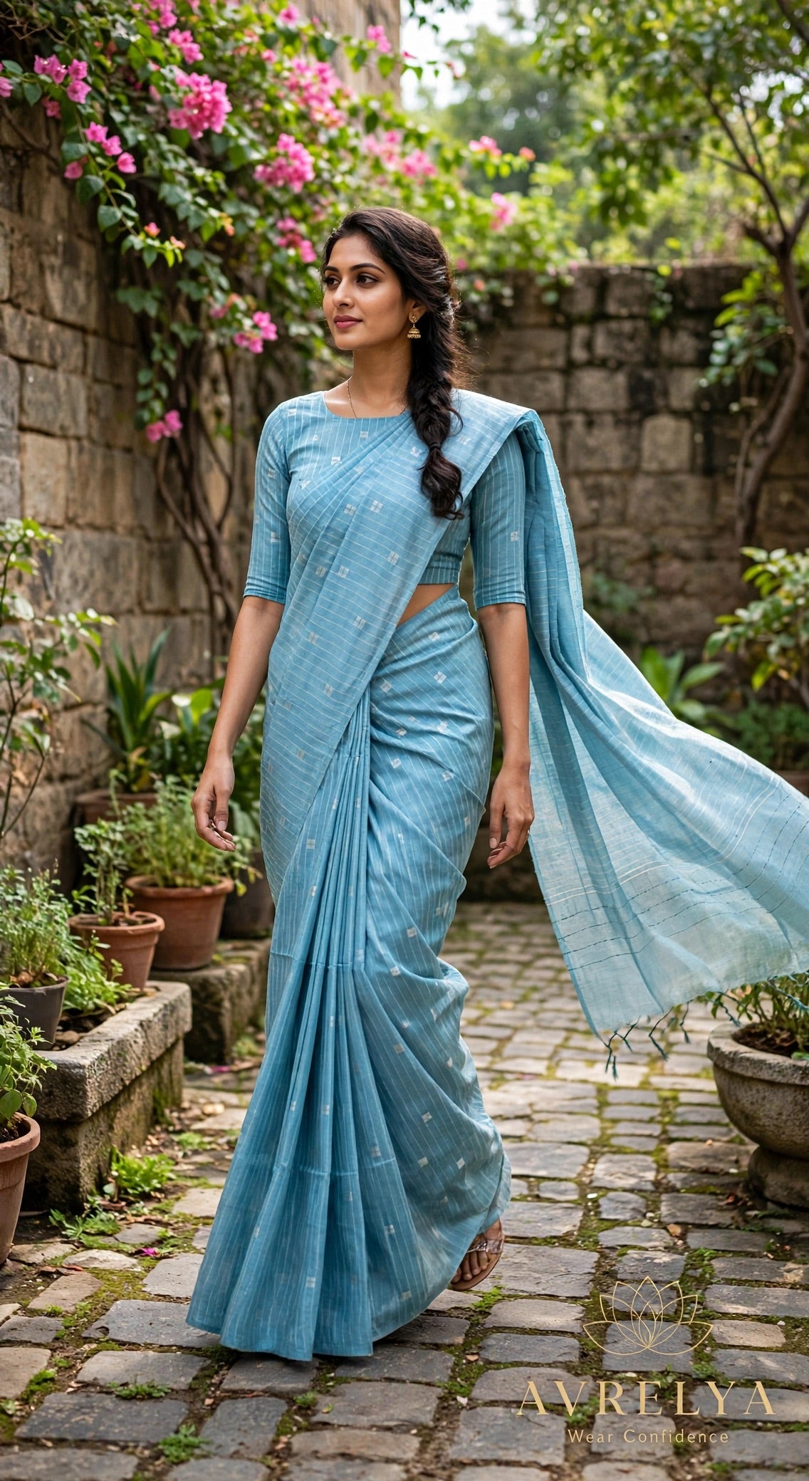 Light Blue Threadwork Design Handloom Saree