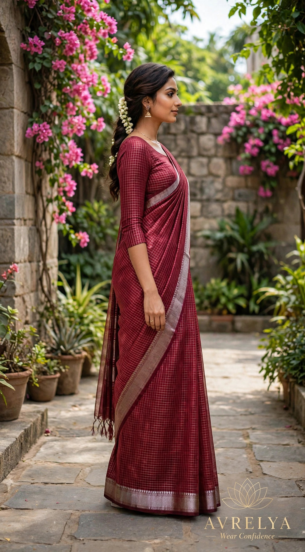 Red Maheshwari Chanderi Saree With Zari Border