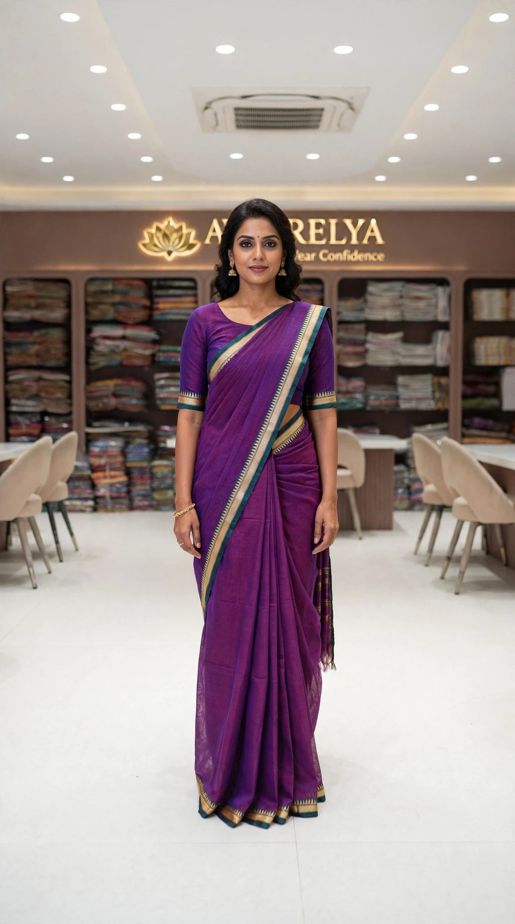 Purple Mercerized Cotton Saree With Temple Border