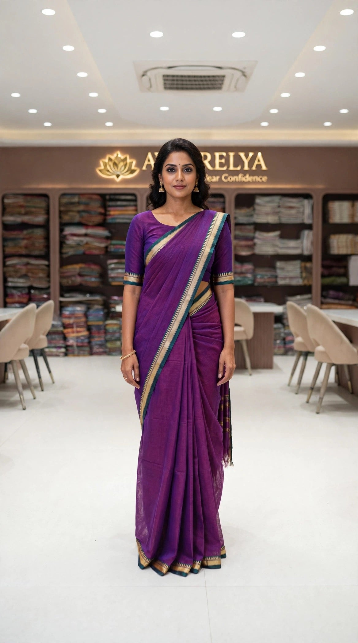 Purple Mercerized Cotton Saree With Temple Border