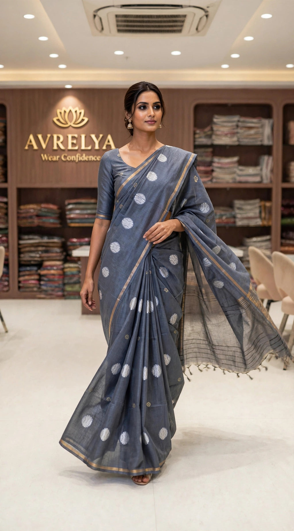 Grey Circular Threadwork Design Handloom Saree