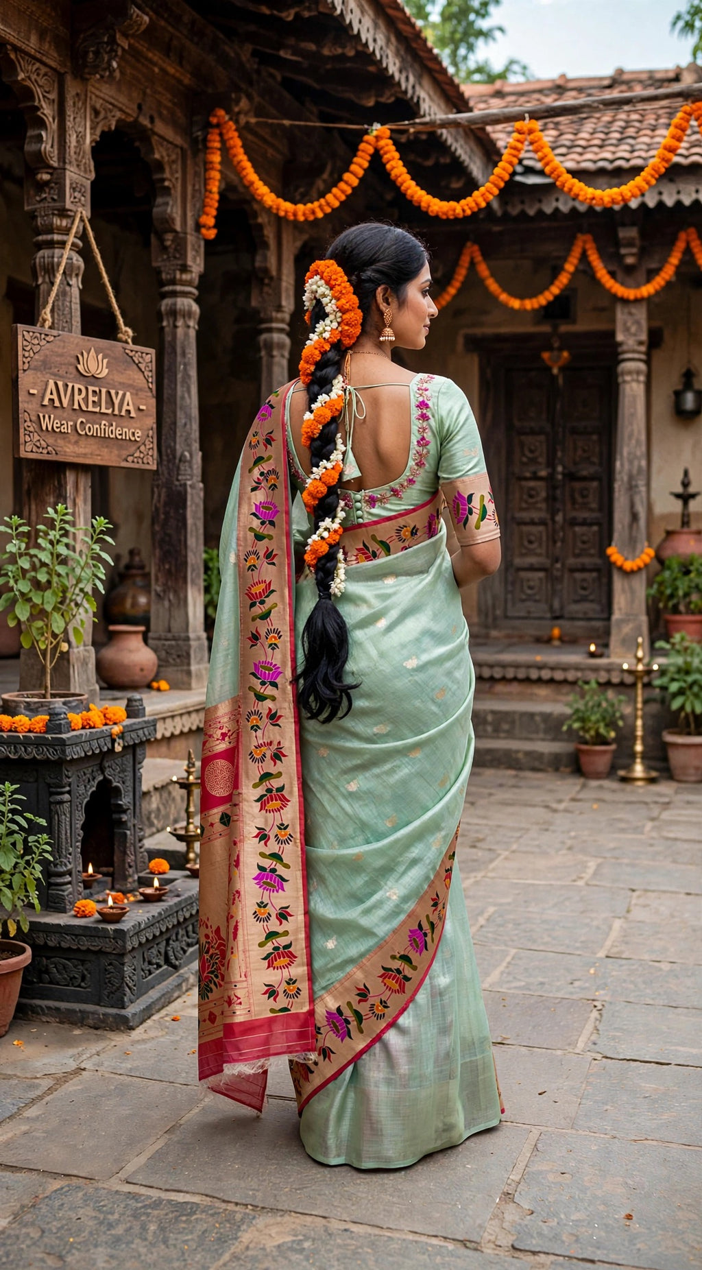 Teal Blue Tissue Paithani Saree with Floral Motif Border