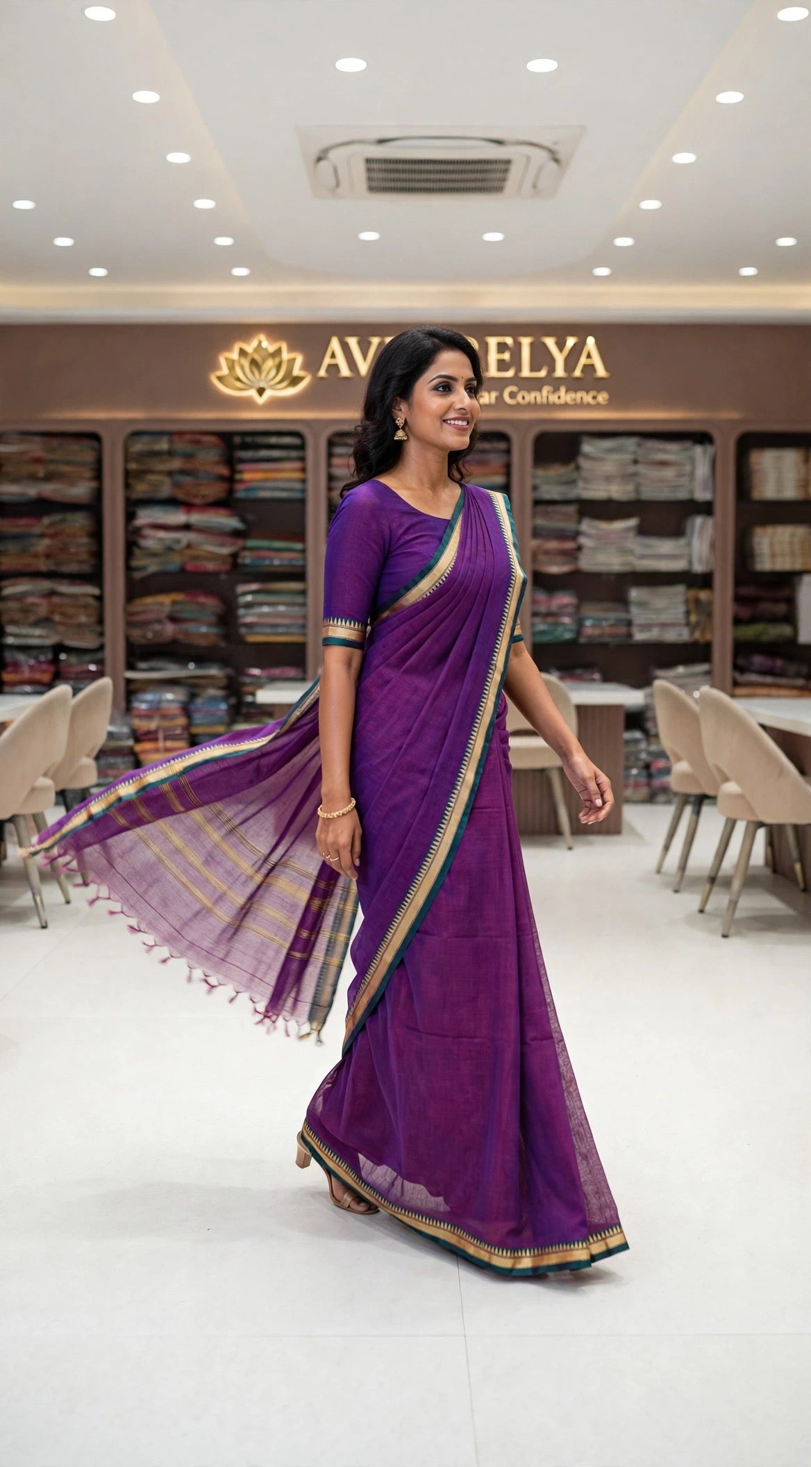 Purple Mercerized Cotton Saree With Temple Border