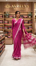 Pink Handloom Cotton Slub Saree With Silver Zari Border