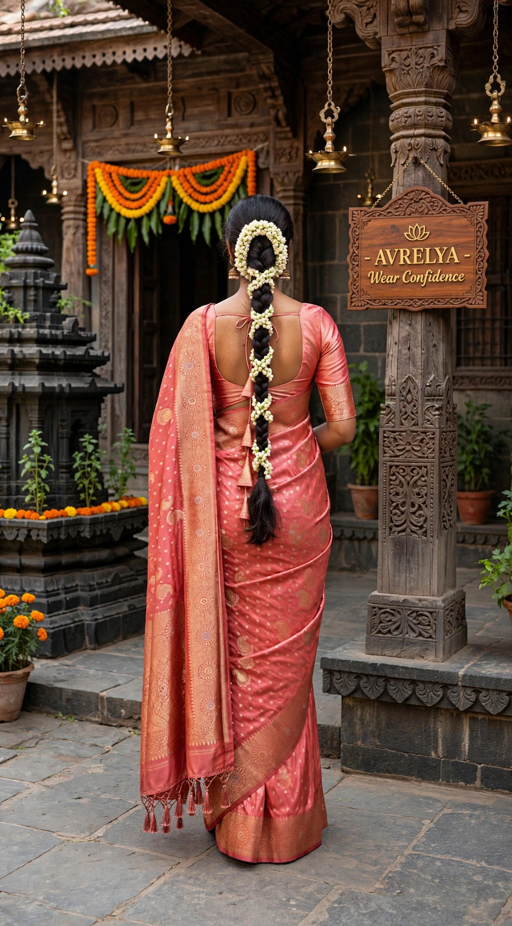 Peach Dola Silk Saree With Gold Zari Weaving