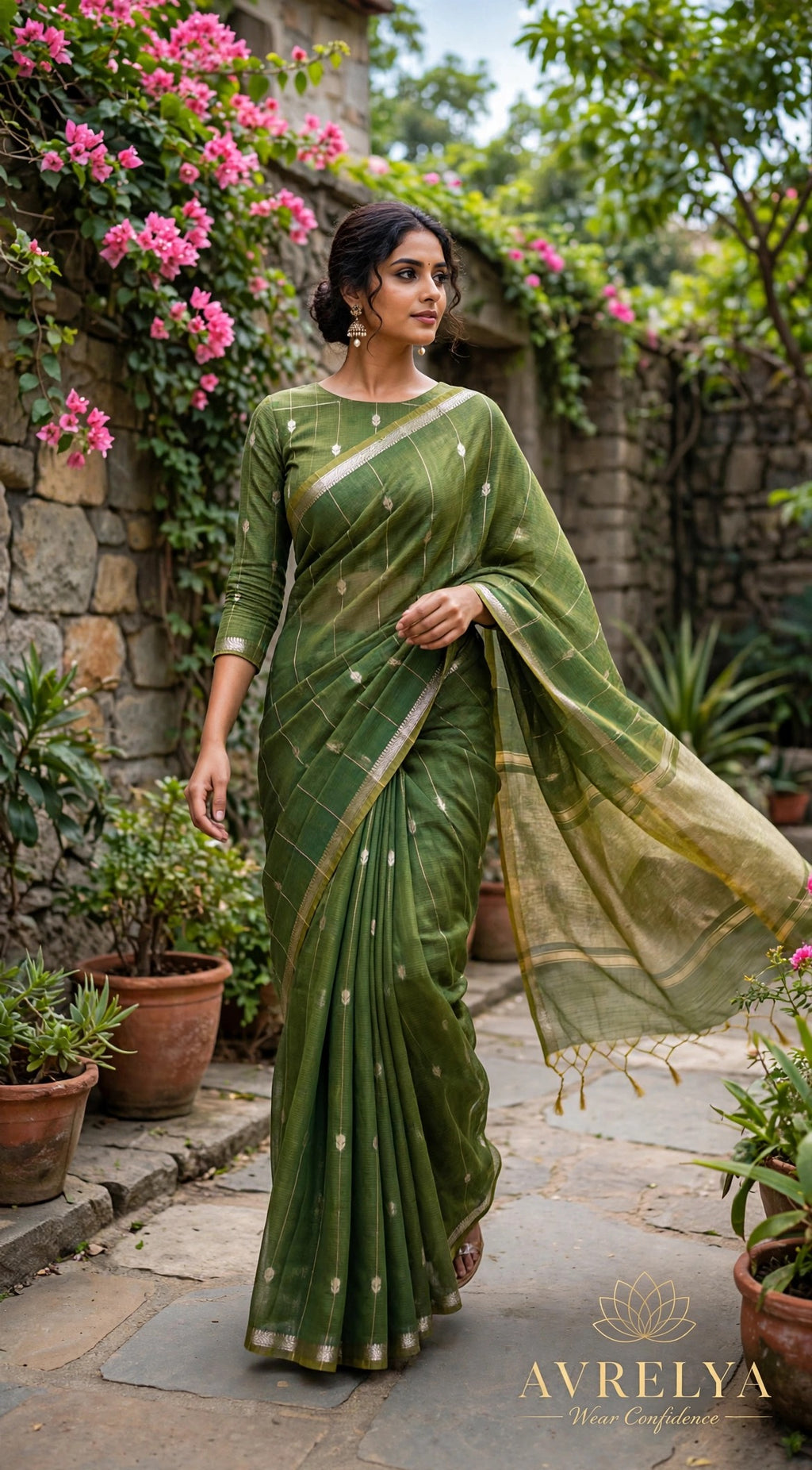 Green Maheshwari Lotus Butta Saree With Zari Border