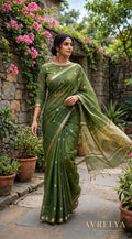 Green Maheshwari Lotus Butta Saree With Zari Border
