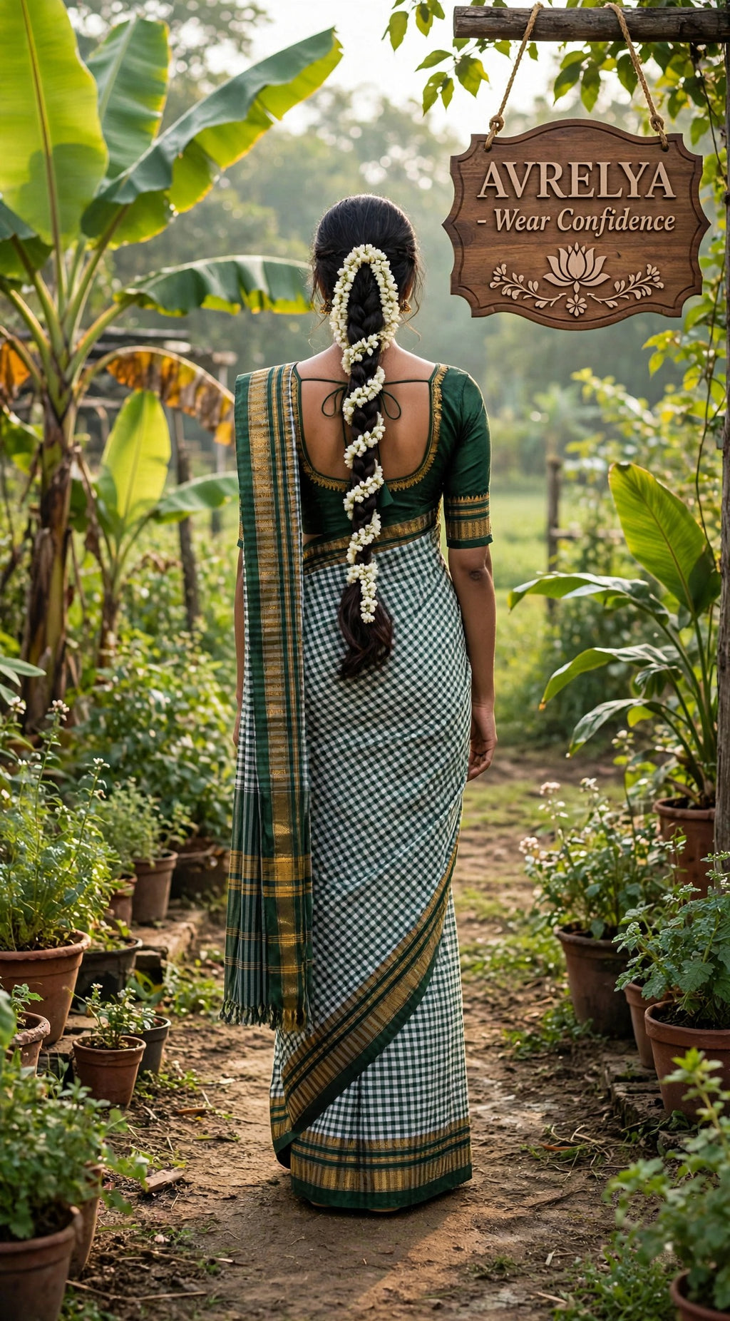 Green Tom Tom Check Ilkal Saree With Zari Border