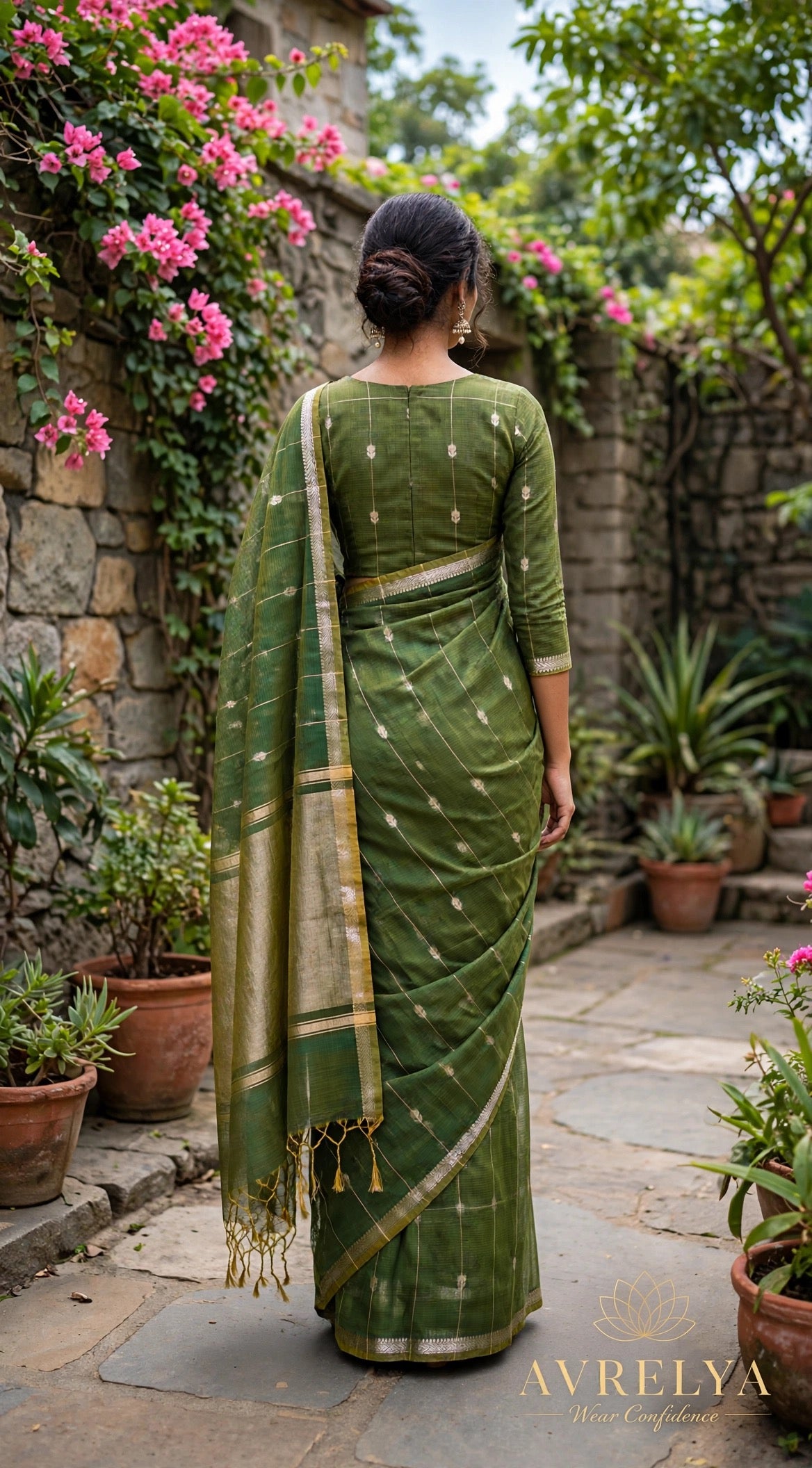 Green Maheshwari Lotus Butta Saree With Zari Border