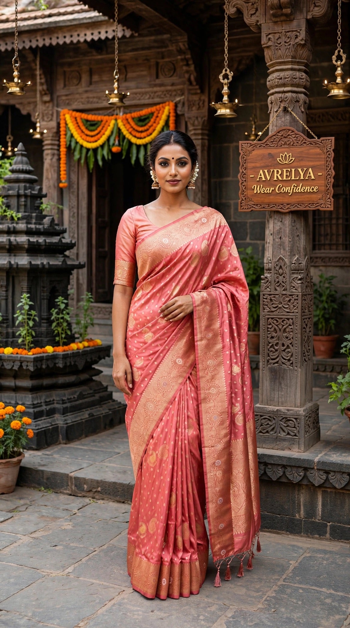 Peach Dola Silk Saree With Gold Zari Weaving