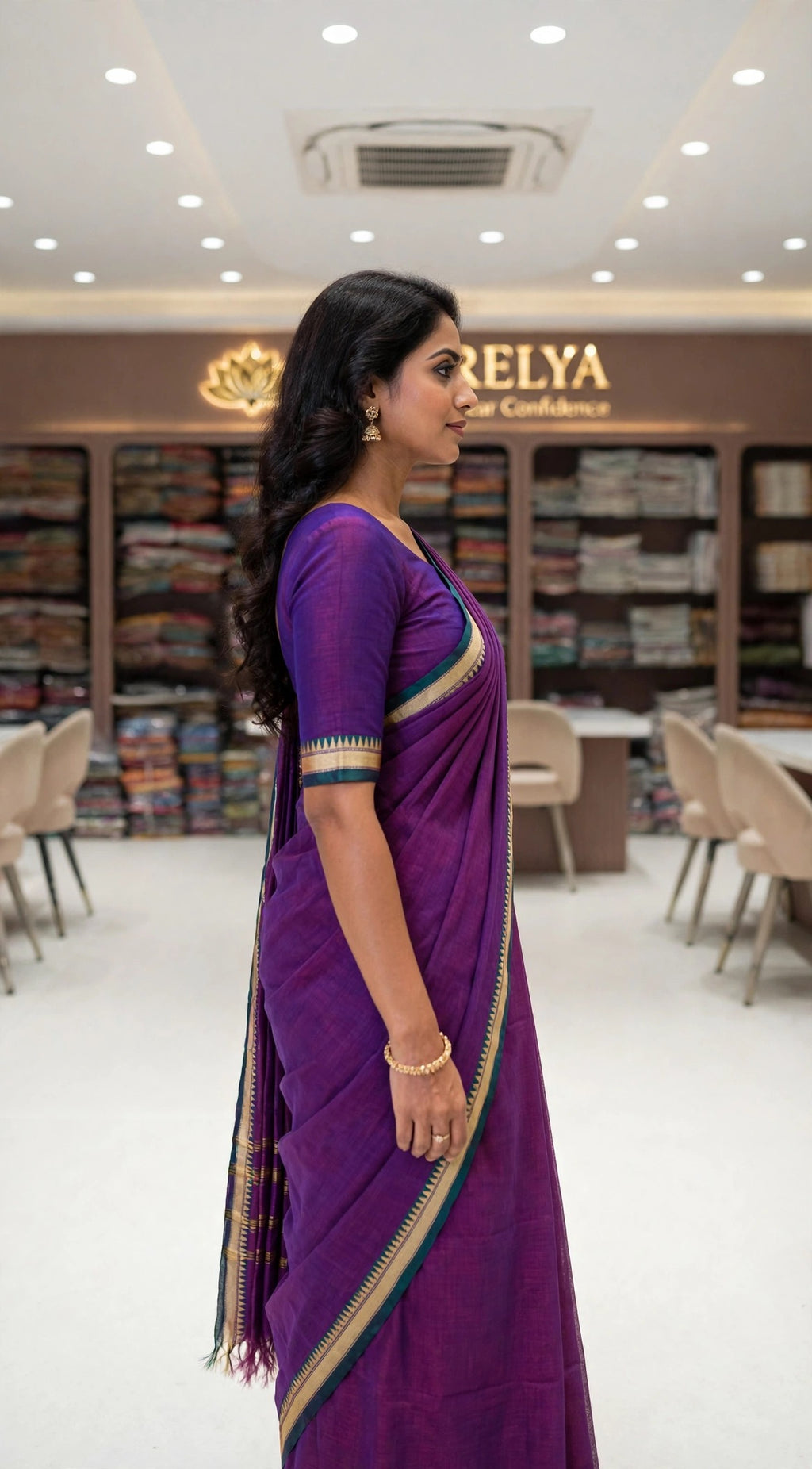 Purple Mercerized Cotton Saree With Temple Border