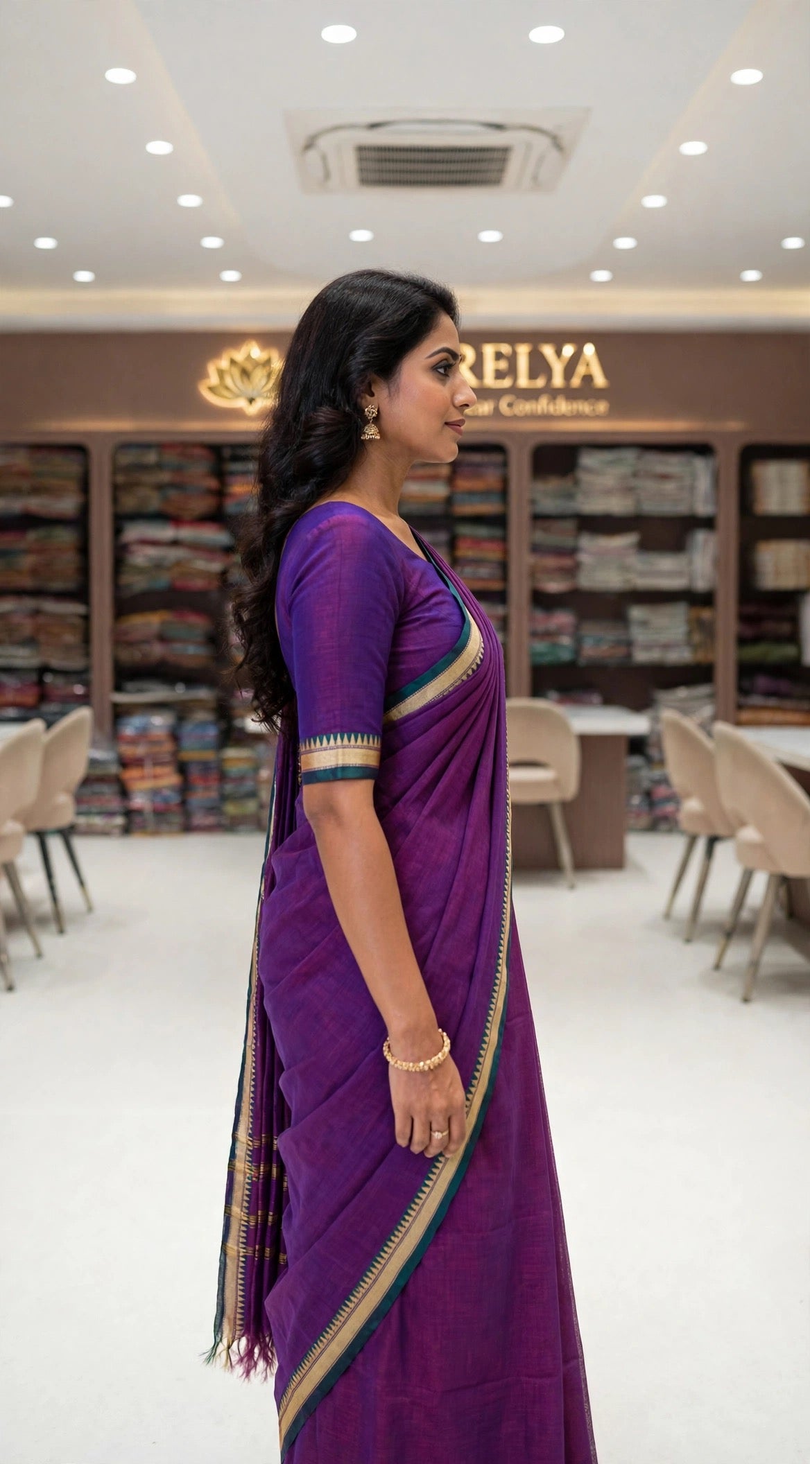 Purple Mercerized Cotton Saree With Temple Border