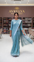 Sea Green Handloom Cotton Slub Saree With Silver Zari Border